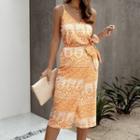 Spaghetti Strap V-neck Print Slit Midi A-line Dress
