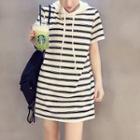 Short-sleeve Hooded Striped Top White - One Size