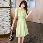 Short-sleeve Double-breasted Plain Blazer Dress With Belt