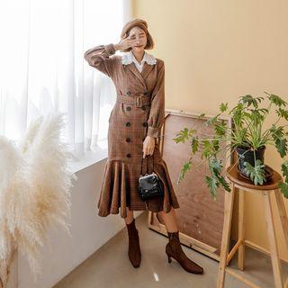 Double-breasted Ruffle-hem Checked Midi Dress