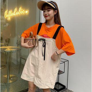 Flower Print Elbow-sleeve T-shirt / Drawstring Suspender Shorts