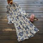 Long-sleeve Floral Print Midi Pleated Chiffon Dress