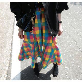 Zip-front Check Midi Flare Skirt