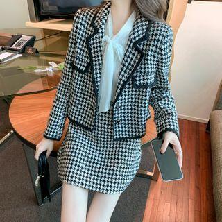 Set: Notch Lapel Double-breasted Houndstooth Jacket + Mini A-line Skirt