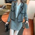 Set: Notch Lapel Double-breasted Houndstooth Jacket + Mini A-line Skirt