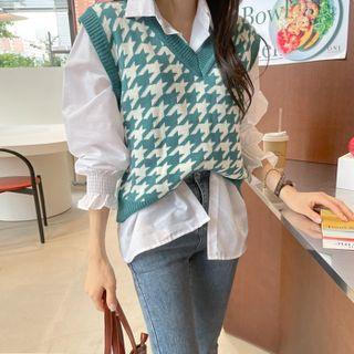 Set: Houndstooth Sweater Vest + Blouse
