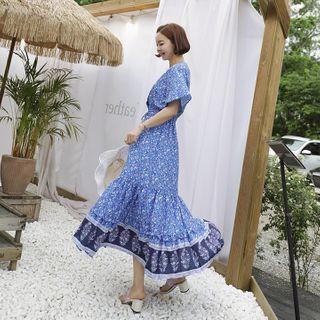 Drawstring-waist Pattern Wrap-front Dress