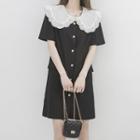 Short-sleeve Lace Trim Shirt Dress Black - One Size