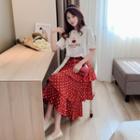 Short-sleeve Printed T-shirt / Dotted Midi Tiered Skirt