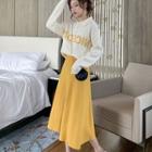 Set: Lettering Polo Sweater + A-line Midi Knit Skirt As Shown In Figure - One Size