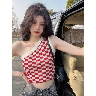 One-shoulder Check Tank Top