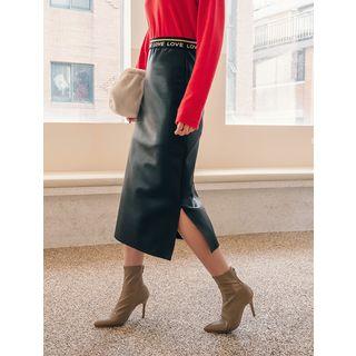 Letter-banded Long Pleather Skirt