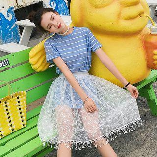Set: Striped Short Sleeve T-shirt Dress + Lace Midi Skirt