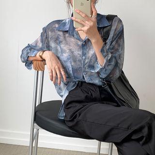 Long-sleeve Tie-dye Print Shirt Blue - One Size