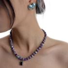 Faux Gemstone Pendant Beaded Necklace / Heart Stud Earring