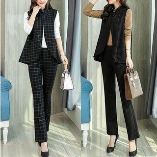 Set: Crew-neck Long-sleeve T-shirt + High Waist Boot-cut Pants + Vest