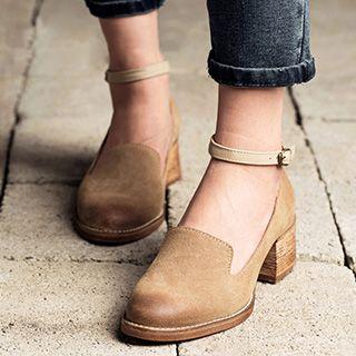 Block Heel Ankle Strap Genuine Leather Loafers