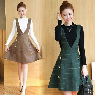 Set: Ruffle Trim Sweater + Plaid Jumper Dress