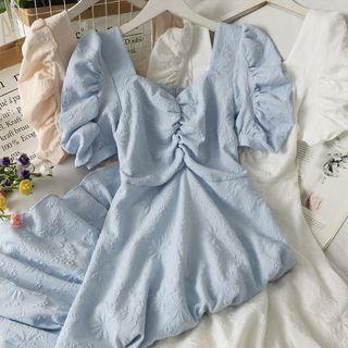Embossed Puff-sleeve Ruched Midi Dress