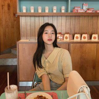 Chelsea-collar Plaid Blouse Yellow - One Size