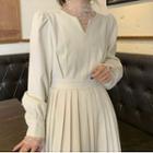 Long-sleeve Floral Mock-neck Mesh Top / Long-sleeve Pleated Midi A-line Skirt
