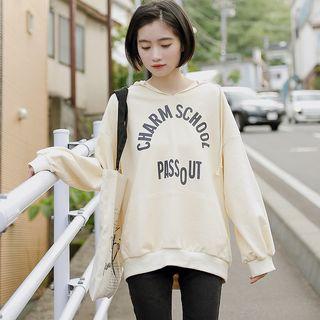 Lettering Long-sleeve Hooded Sweatshirt Almond - One Size