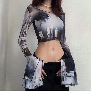 Bell-sleeve Print See-through Crop Top
