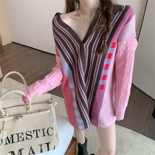 Long-sleeve Striped V-neck Knit Top Pink - One Size