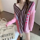 Long-sleeve Striped V-neck Knit Top Pink - One Size