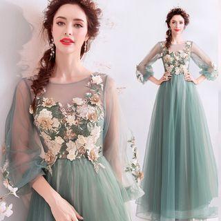 Lantern-sleeve Embroidered A-line Evening Gown
