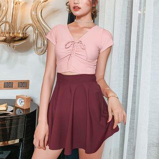 Set: Cap-sleeve Drawstring Swimdress + Swim Bottom