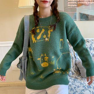Cow Printed Round-neck Knitted Sweater