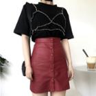 Short-sleeve Bead T-shirt / Buttoned A-line Faux Leather Skirt