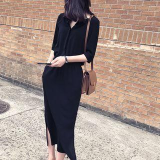 Elbow-sleeve Gathered Waist Maxi Dress