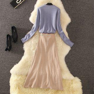 Set: V-neck Cardigan + Midi A-line Knit Skirt