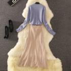 Set: V-neck Cardigan + Midi A-line Knit Skirt