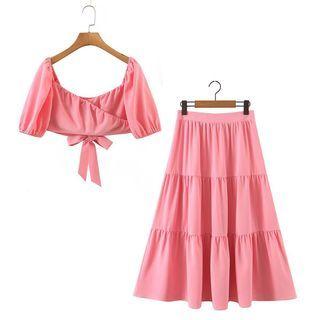 Set: Short-sleeve Tie-back Crop Top + Tiered Midi A-line Skirt