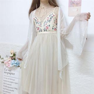 Spaghetti Strap Floral Embroidered Midi Mesh Dress / Light Jacket