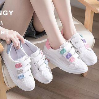 Color Panel Adhesive Strap Faux Leather Sneakers
