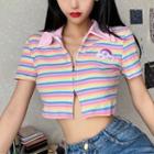 Collared Short Sleeve Striped Zip-up Cropped Top