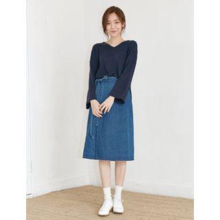 Surplice-wrap Denim Midi Skirt