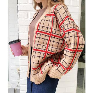 Drop-shoulder Plaid Cardigan