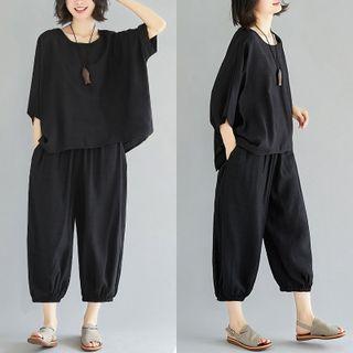 Set: Elbow-sleeve Plain T-shirt + Harem Pants Set Of 2 - T-shirt & Pants - Black - One Size