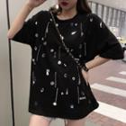 Sequined Elbow-sleeve T-shirt Black - One Size