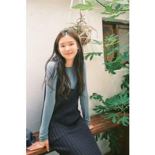 Rib-knit Midi Pinafore Dress Navy Blue - One Size
