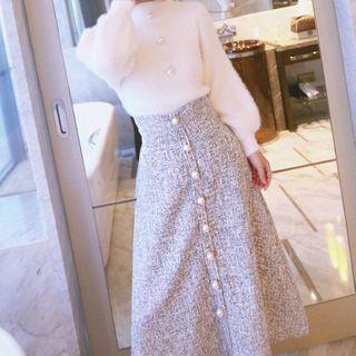Set: Fluffy Cardigan + Tweed Midi A-line Skirt