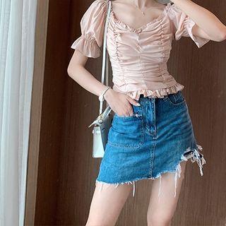 Asymmetric Fray-hem Denim Mini Skort