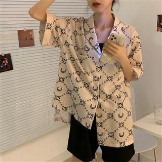 Elbow-sleeve Pattern Print Open-collar Chiffon Shirt As Shown In Figure - One Size