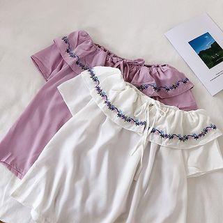 Flower Embroidered Off-shoulder Chiffon Short-sleeve Blouse