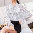Puff-sleeve Bow Accent Dotted Blouse
